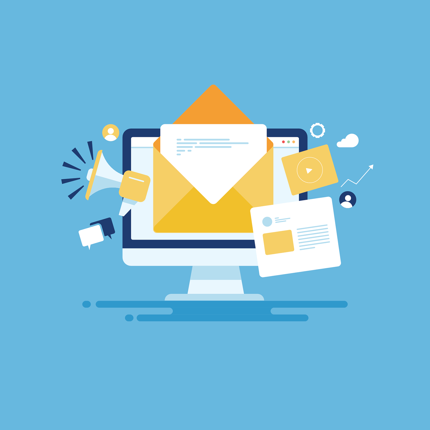 Email marketing graphic showing emails being opened on a computer screen