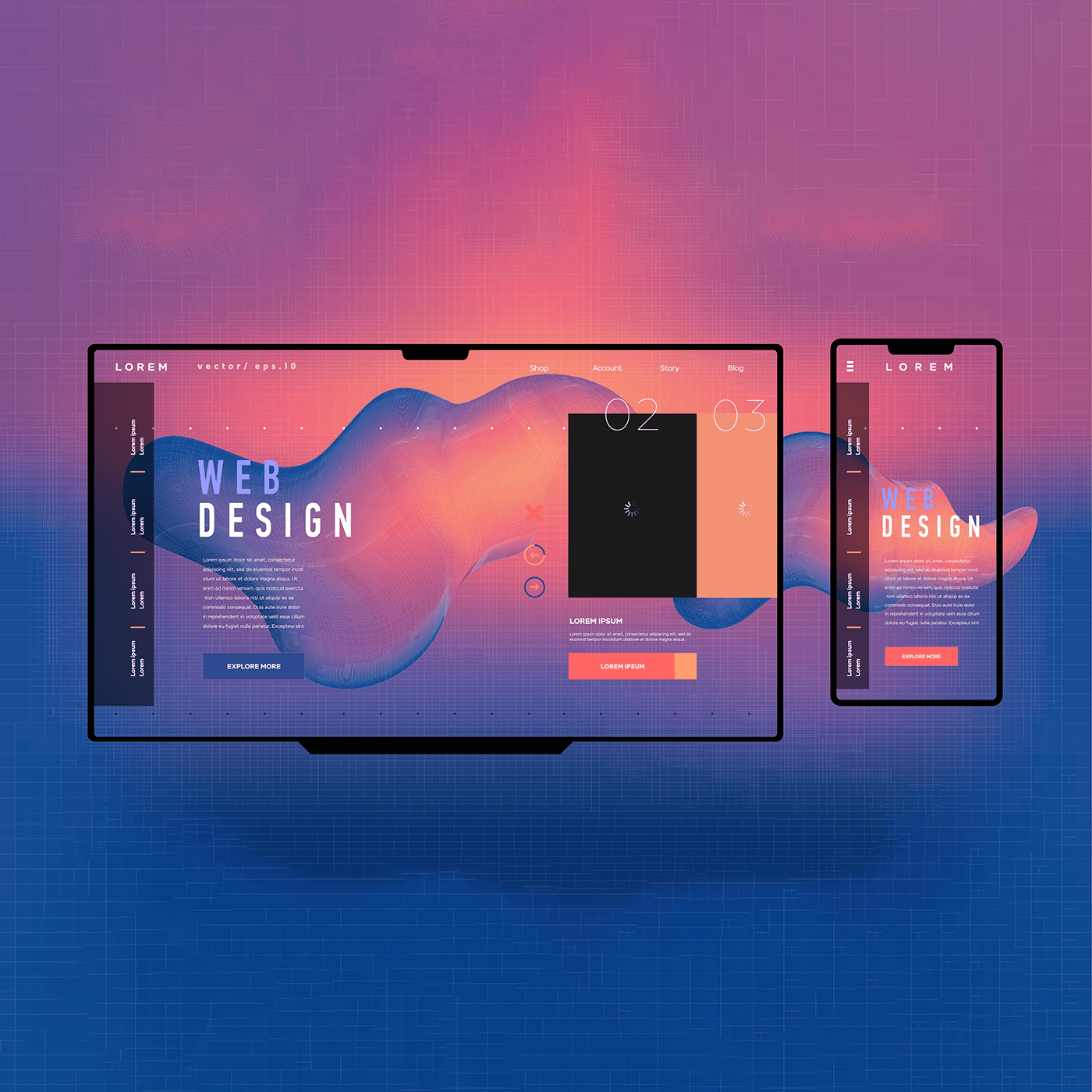 Mondern trends in web design concept artwork displayed on a desktop and mobile